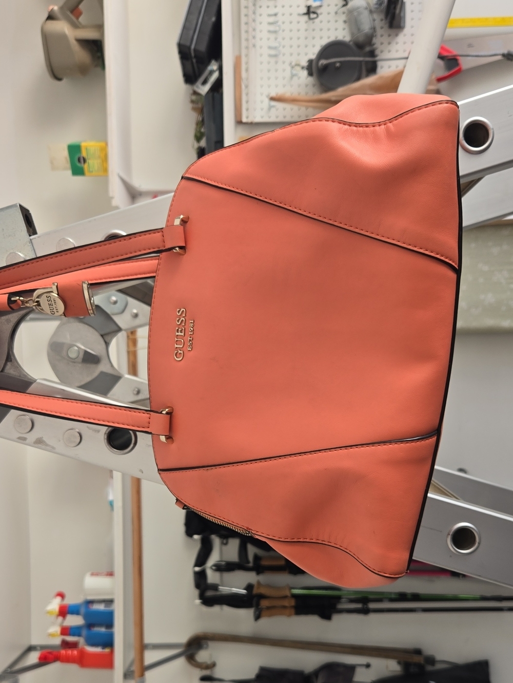 GUESS Coral-Peach Faux Leather Tote with Gold Hardware